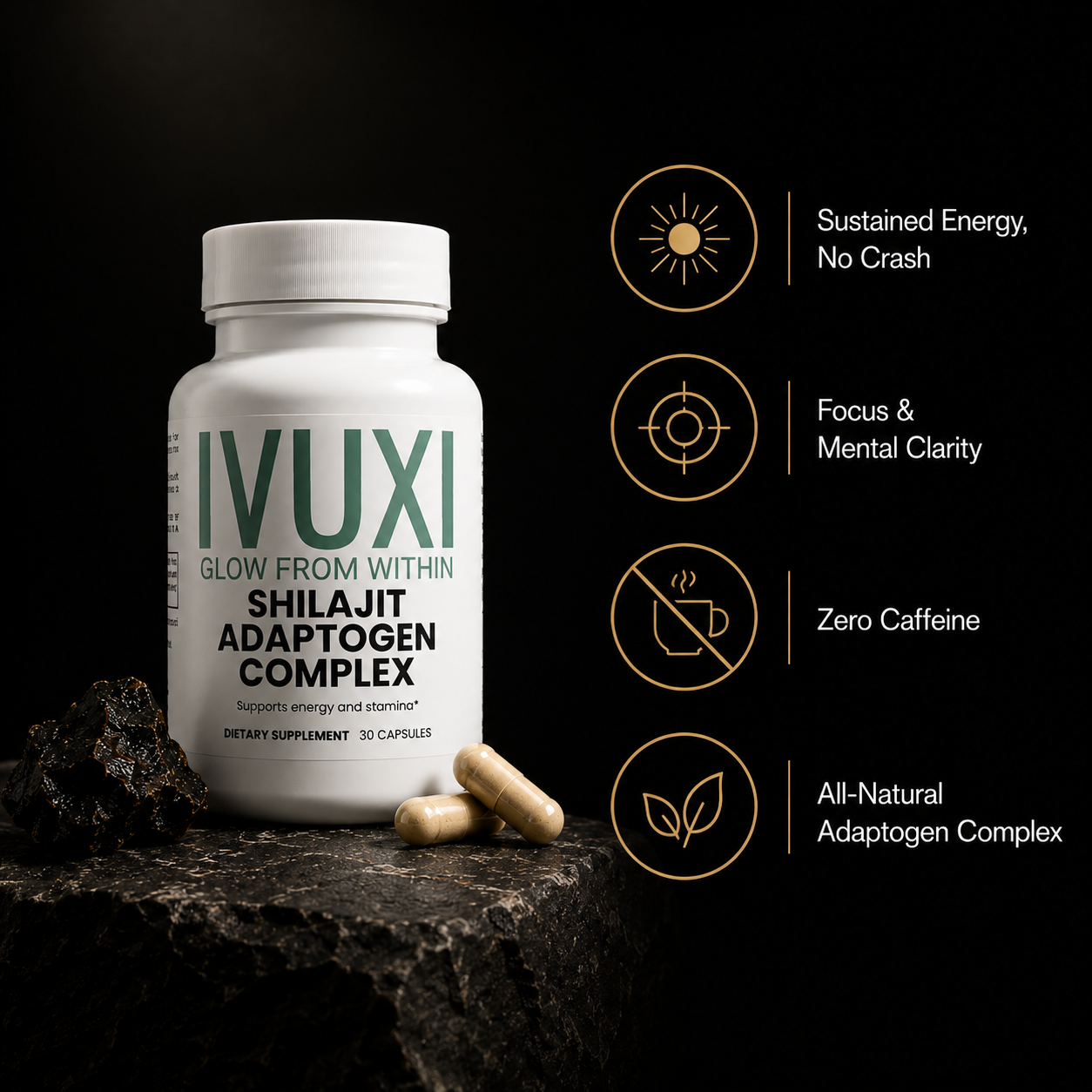 IVUXI Shilajit Adaptogen Complex bottle with key benefits